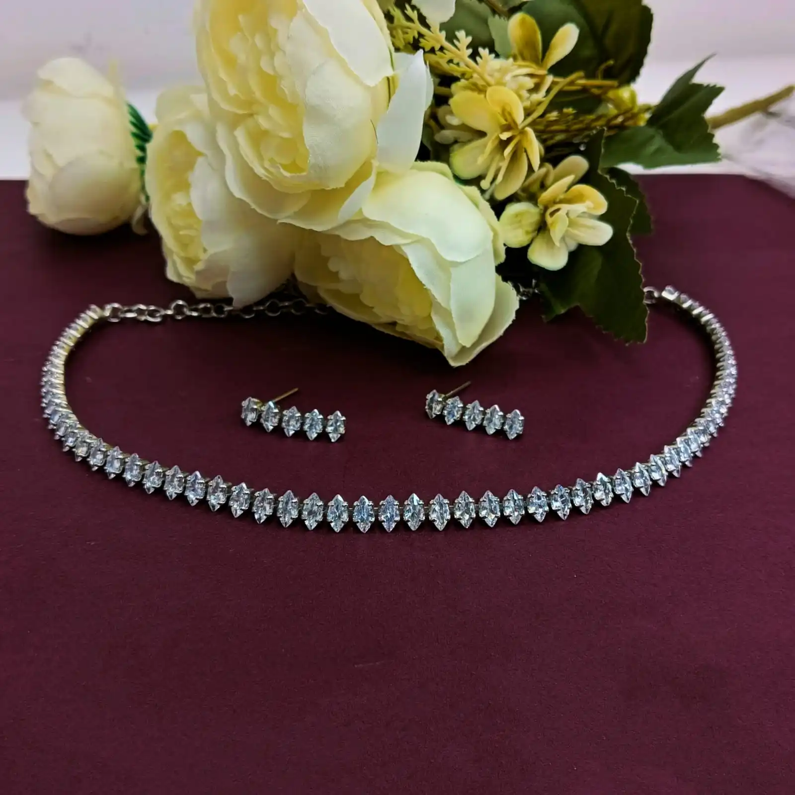 Indian Wholesaler Jewelry Supplier Silver CZ Crystal Tannis Round Bridal Necklace Set Indian Fashion Jewellery For Women