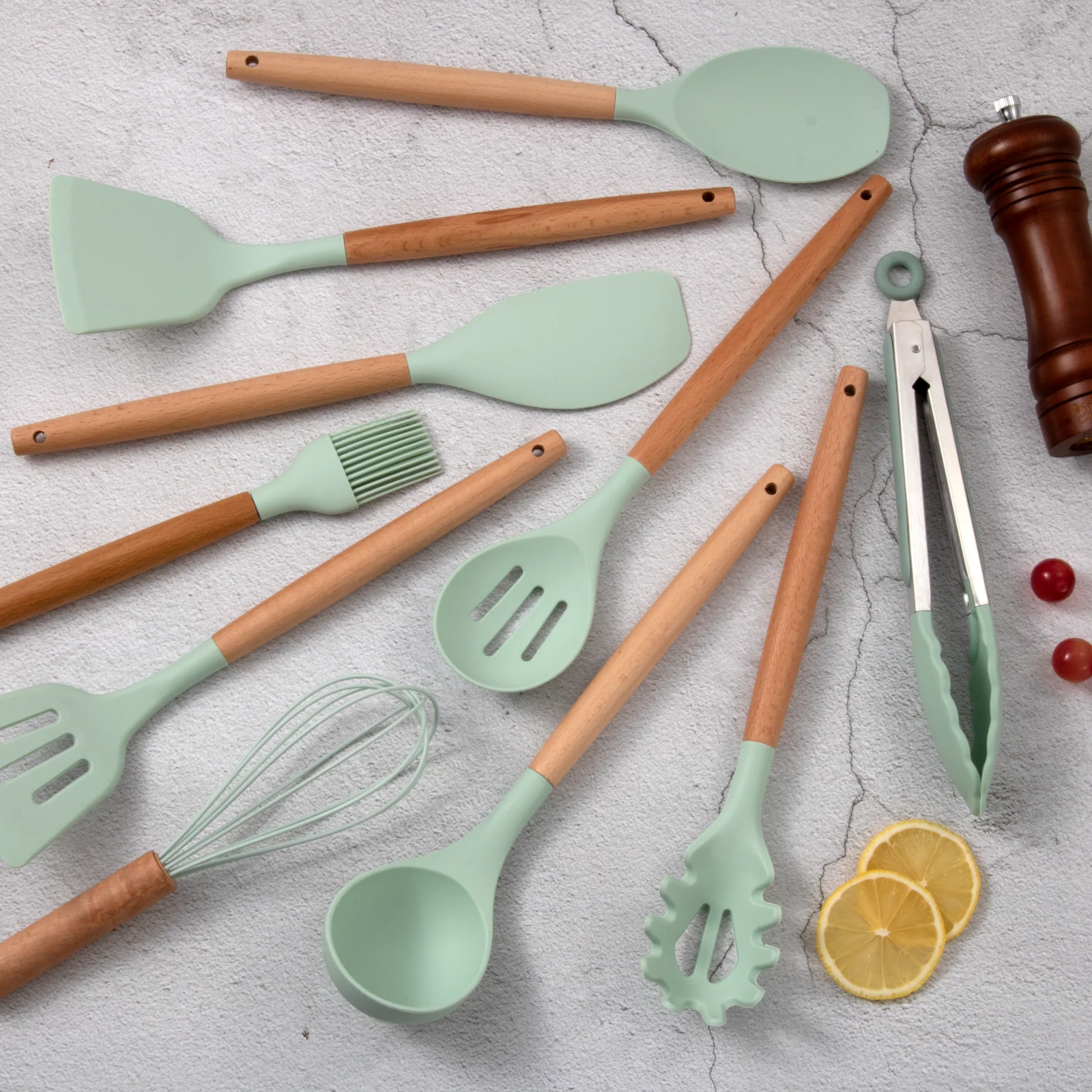 Factory Wholesale 12 Pieces Silicone Kitchen Accessories Cooking Tools Kitchen Spatula Utensils Sets with Wooden Handle