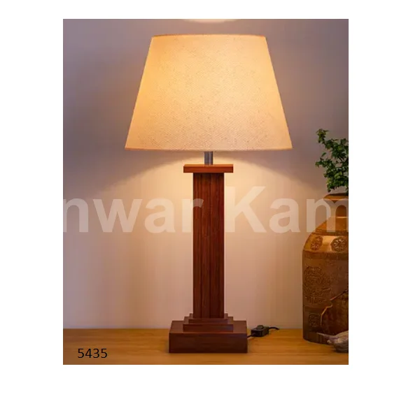 Unique Shape Carved Mango Wood Table Lamp with Fabric Shade For Home Living Room Dining Room Table Decor