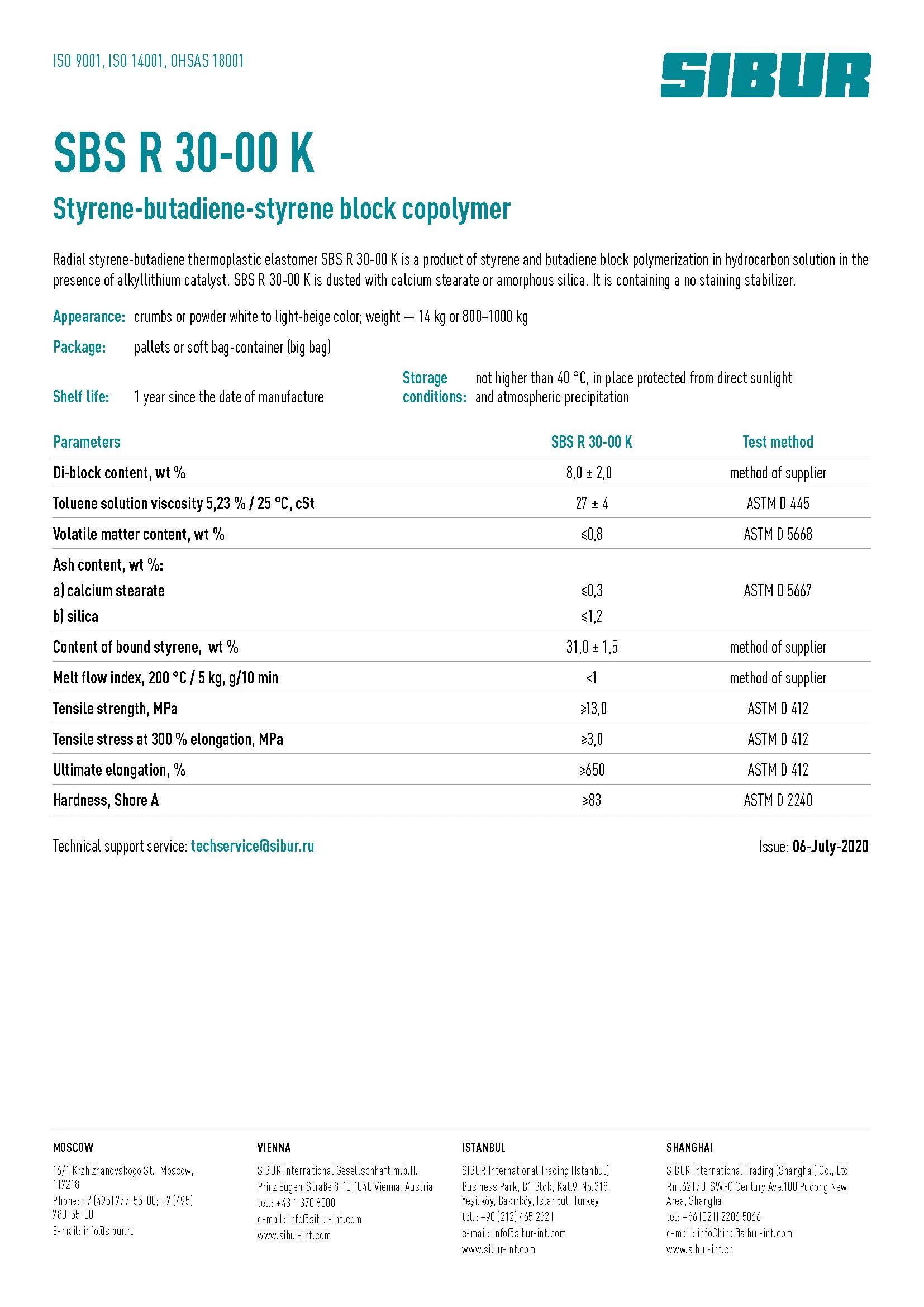Styrene-butadiene-styrene block copolymer SBS R 30-00K granules small bags It is containing a no staining stabil