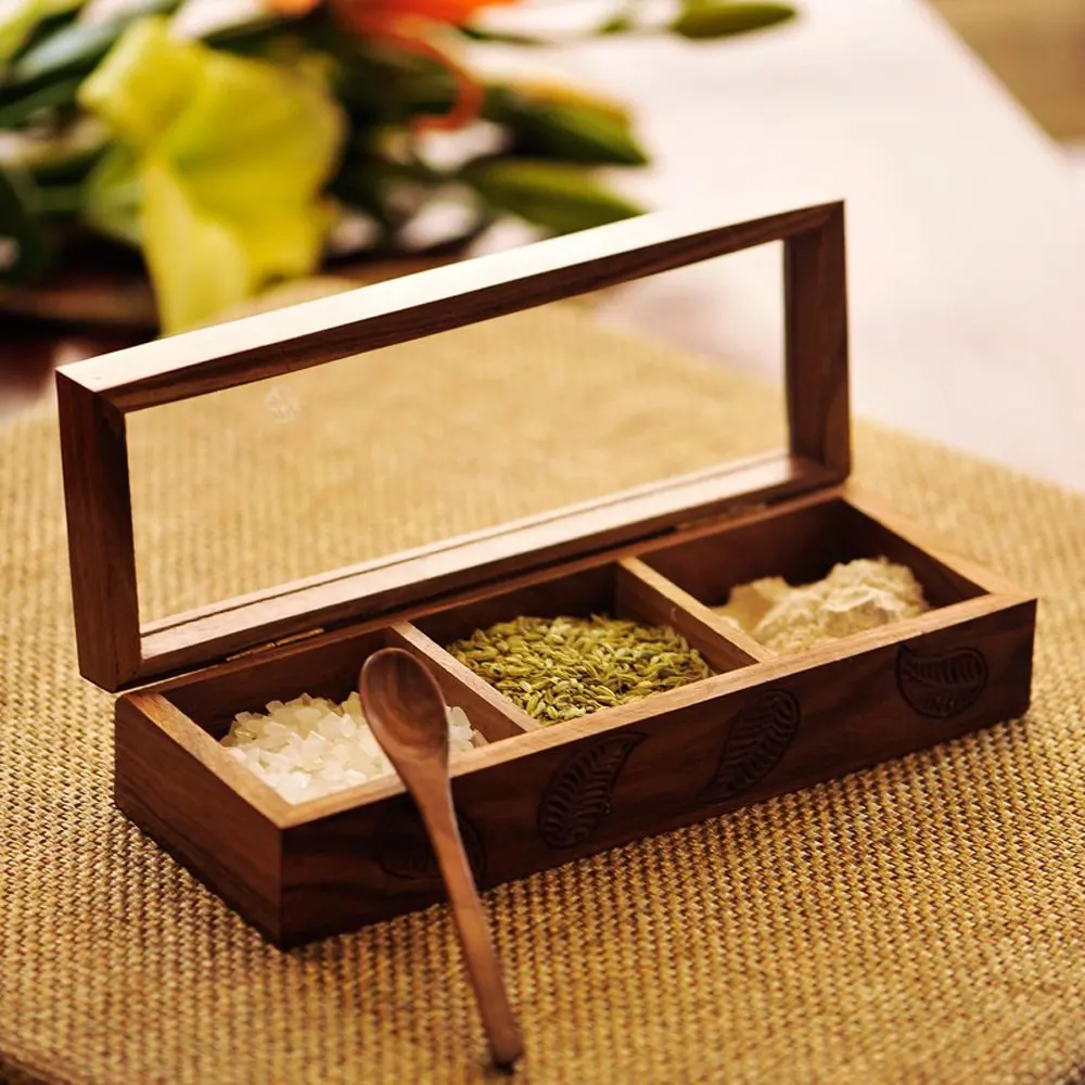 ExclusiveLane Engraved Wooden Spice Box Set for Kitchen Multi-Utility Wooden Masala Box for Kitchen Spice Box with Spoon (Sheesh