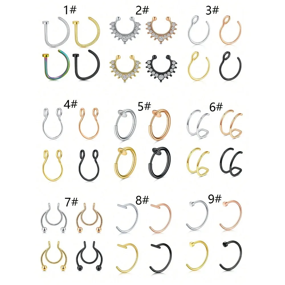 4PCS/Set Faux Nose Rings Nose Hoop Rings 20 Gauge Non Piercing Stainless Steel Clip-On Septum Clicker Piercing Jewelry