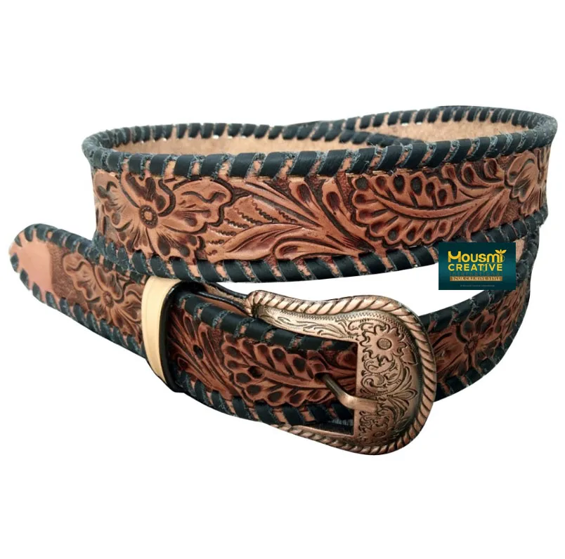 Custom Colour Lace Braided Hand Tooled Leather Belt Western Style Cowhide Leather Engraved Unisex Fashion Belts OEM Supplier