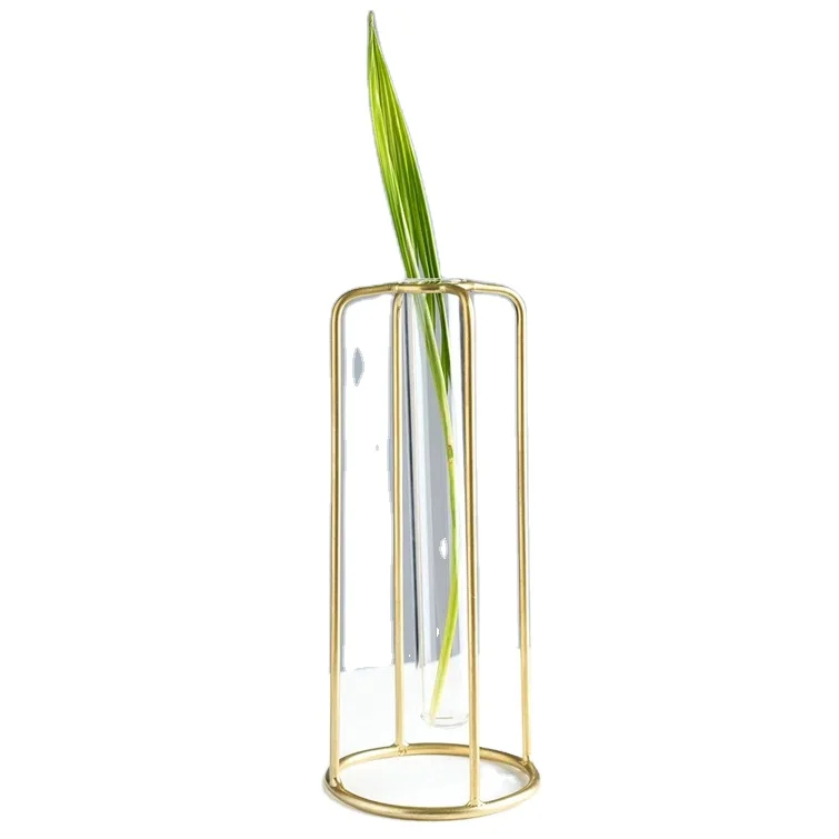 Premium Quality Amazon Hot Selling Price Metal Gold Coated Glass Tube Flower Vase High Selling Table Top Decor Usage Tube Vase