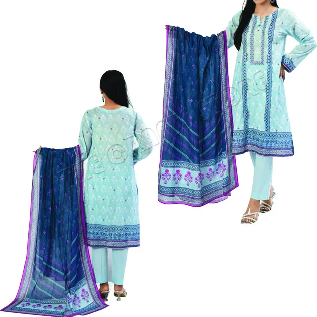 Original Branded Pakistani Lawn 3 Piece Suits With Gold Table Printed With Lace Work Embroider