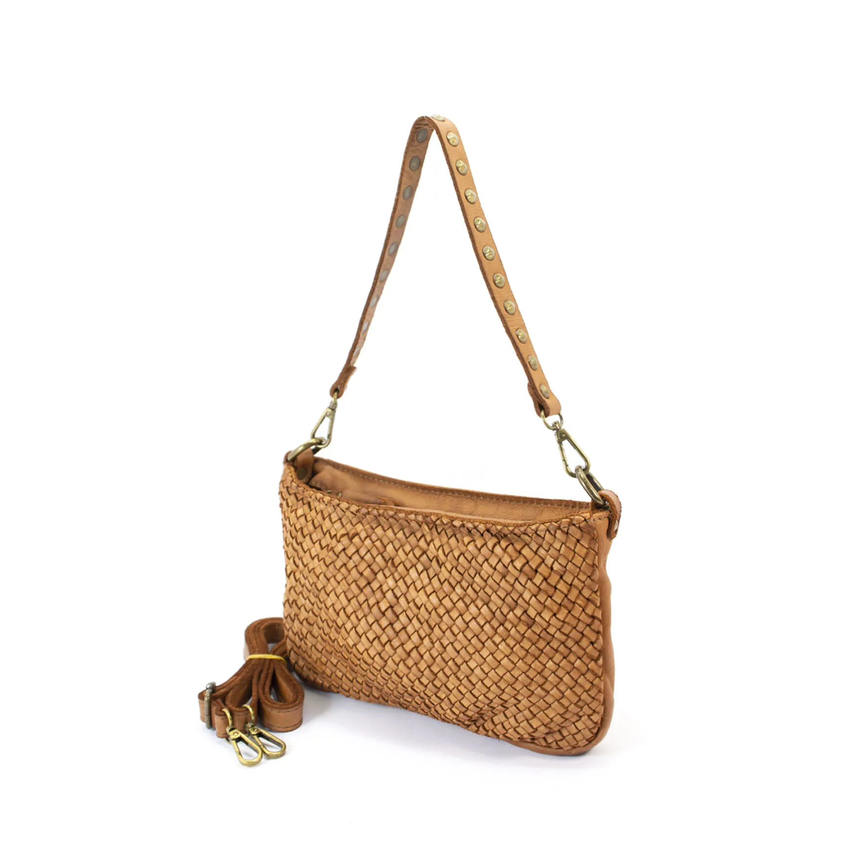 shoulder bag pochette with studded handle we345 soft weaved leather multiuse for woman