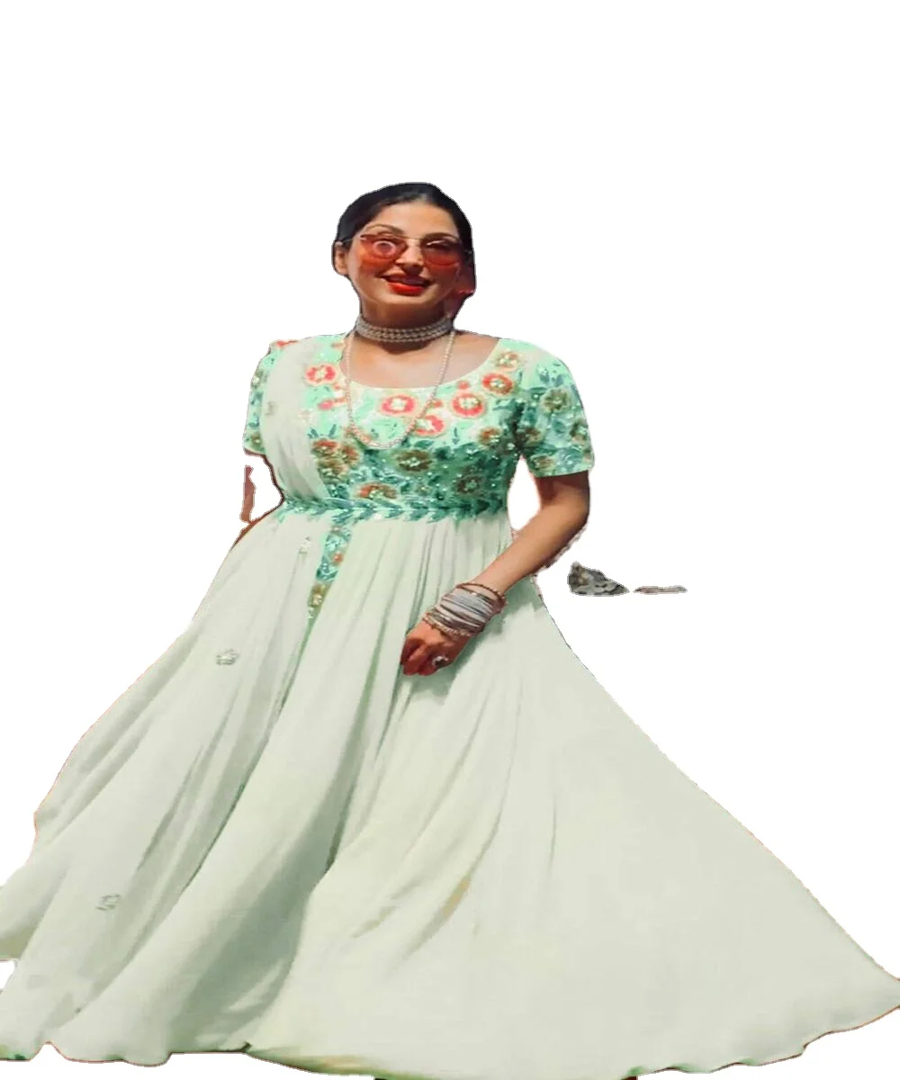 Fabulous festival wear new arrival anarkali flour length long gown with dupatta georgette fabric yellow border regular sleeve