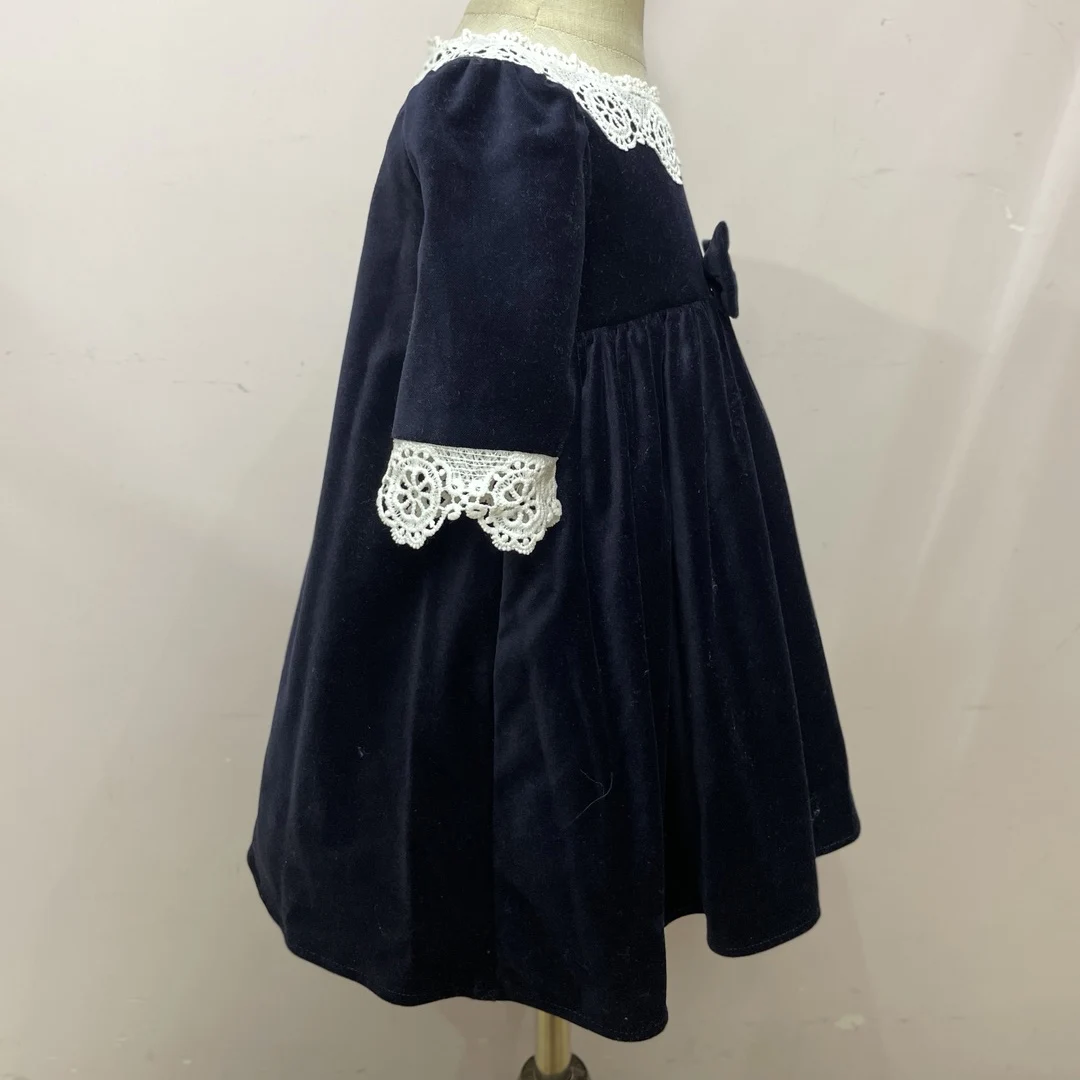 JannyBB Design Navy Blue velvet dress for baby girl toddler baby girls knee length a-line casual dress