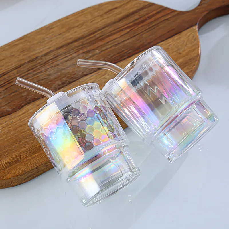 High value with lid laser colorful glass straw cup net red bamboo festival cup glazed glass