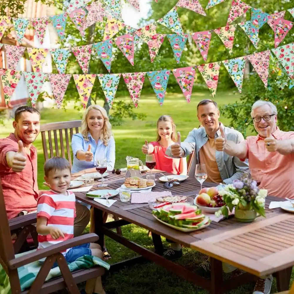 49 Ft 60 Pcs Tea Floral Party Paper Bunting Decor Outdoor Bunting Banner Floral Pennant Banner Tea Party Birthday Supplies