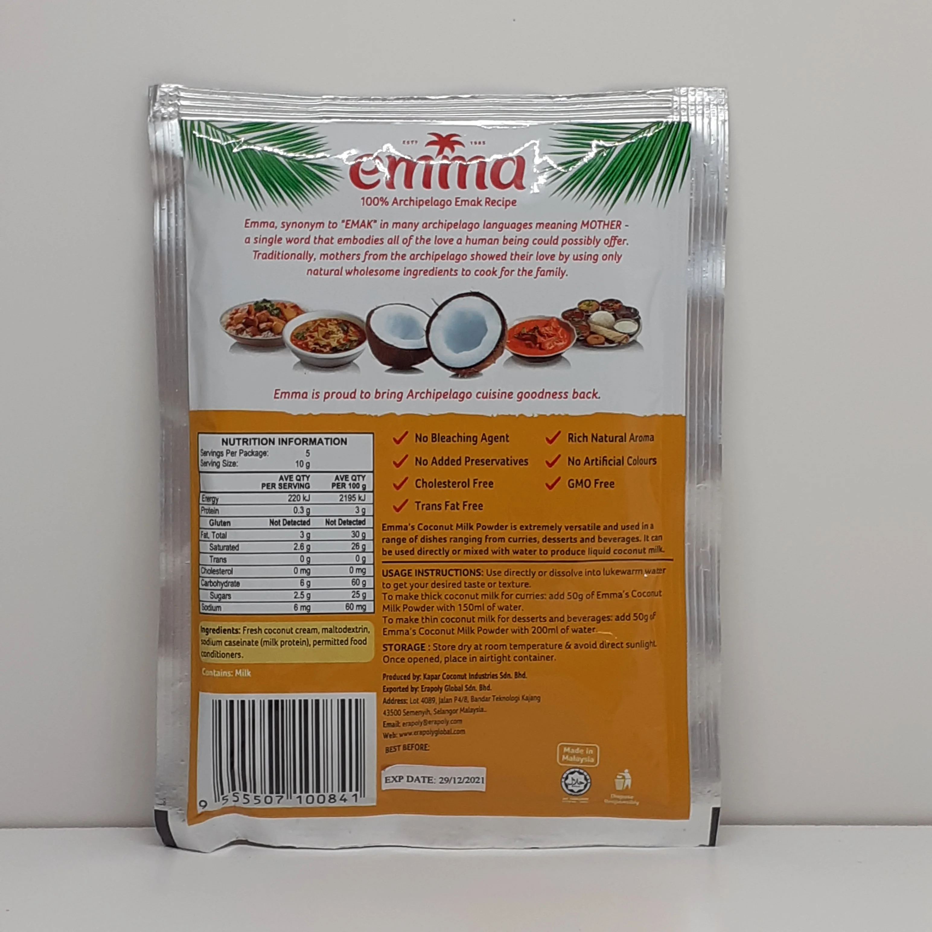 Supplier Wholesales Malaysia Different Fat Content Natural Sweet Coconut Cream Powder Vacuum Pack 50g Weight Yellow Packing