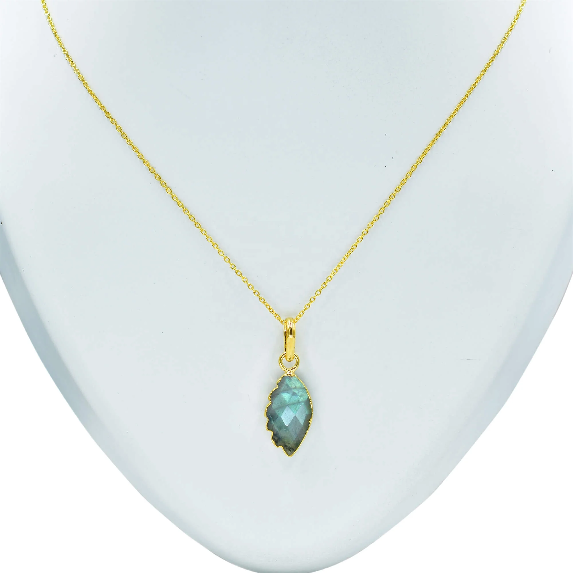 Blue fire labradorite pendant necklace leaf shape carved gemstone jewelry birthstone crystal 925 sterling silver gold plated