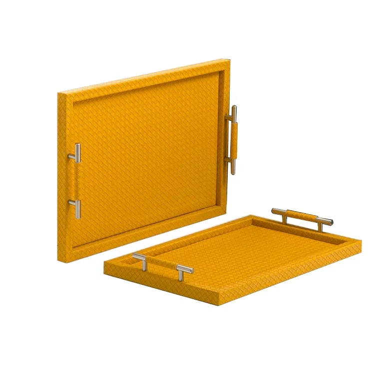 New Arrival Looking Serving Tray Antique Finishing Unique Style Set Of Two Lather Serving Tray with Metal Handle