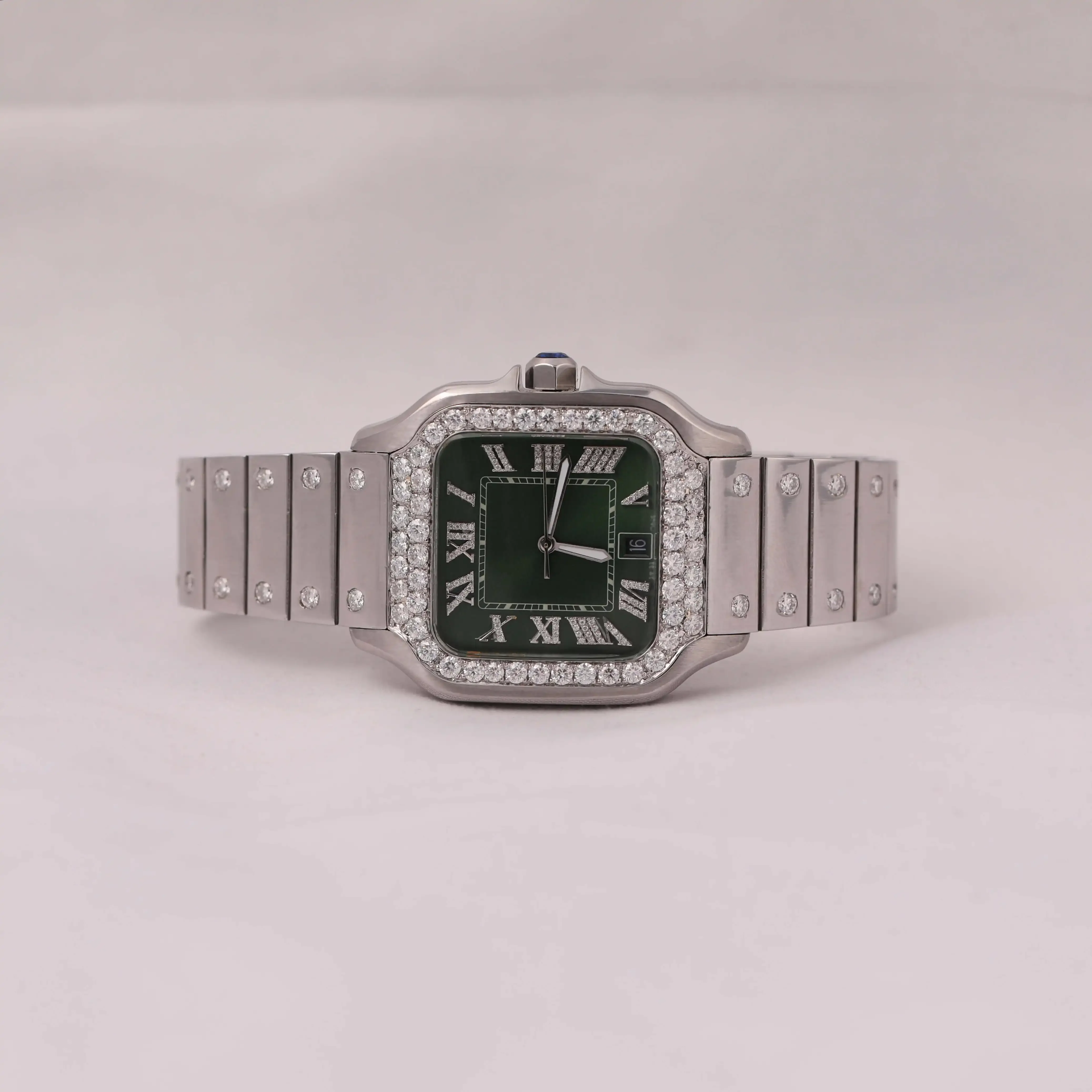 Army Green Fancy Dial Full Iced Out Round Moissanite diamond But Square Green dial With Classic Look This Watch Roman Numbers