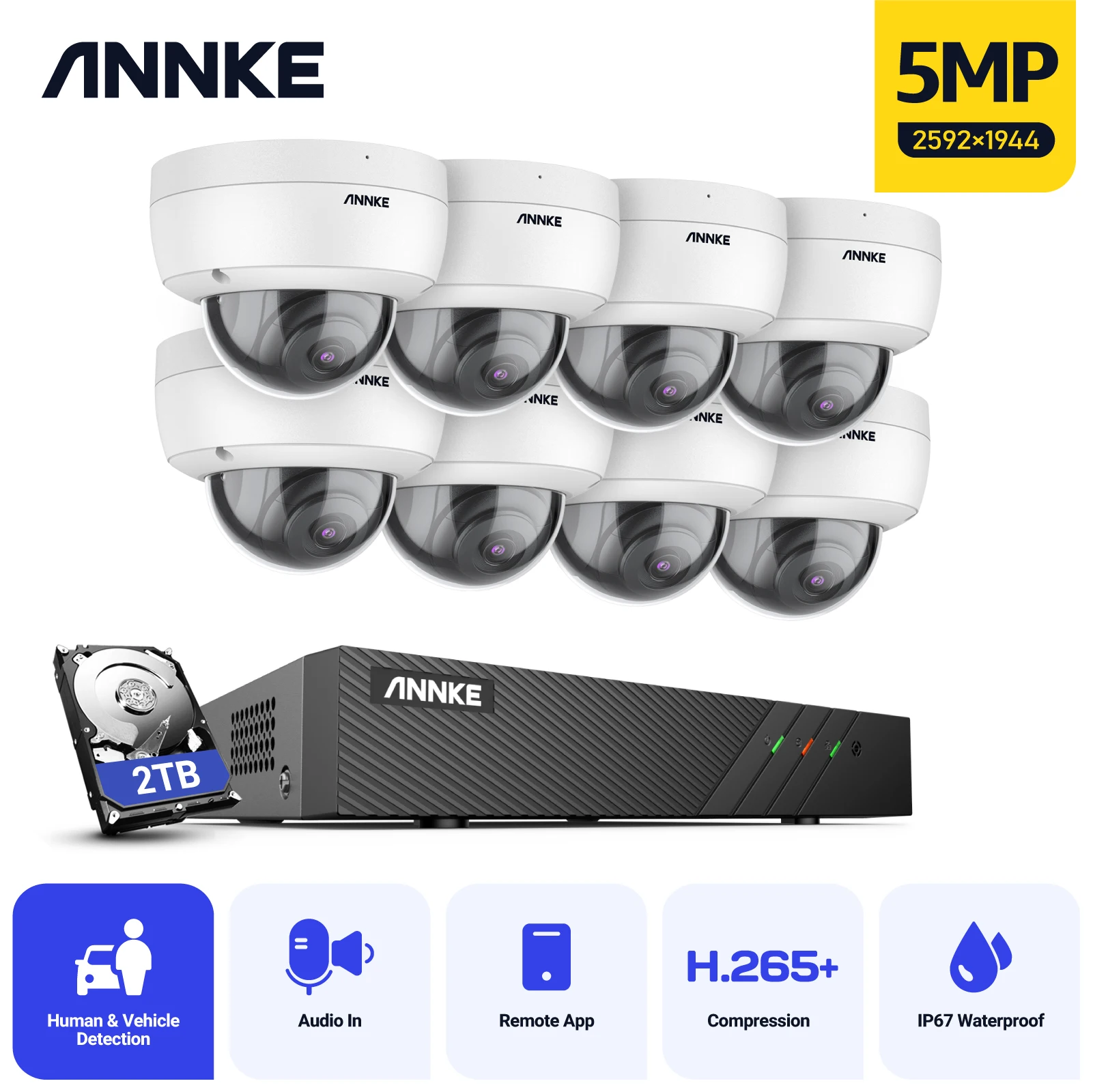 ANNKE 5MP 8CH 8pcs Cameras PoE NVR Security System with Audio Remote Access Surveillance CCTV Camera System with 2TB HDD