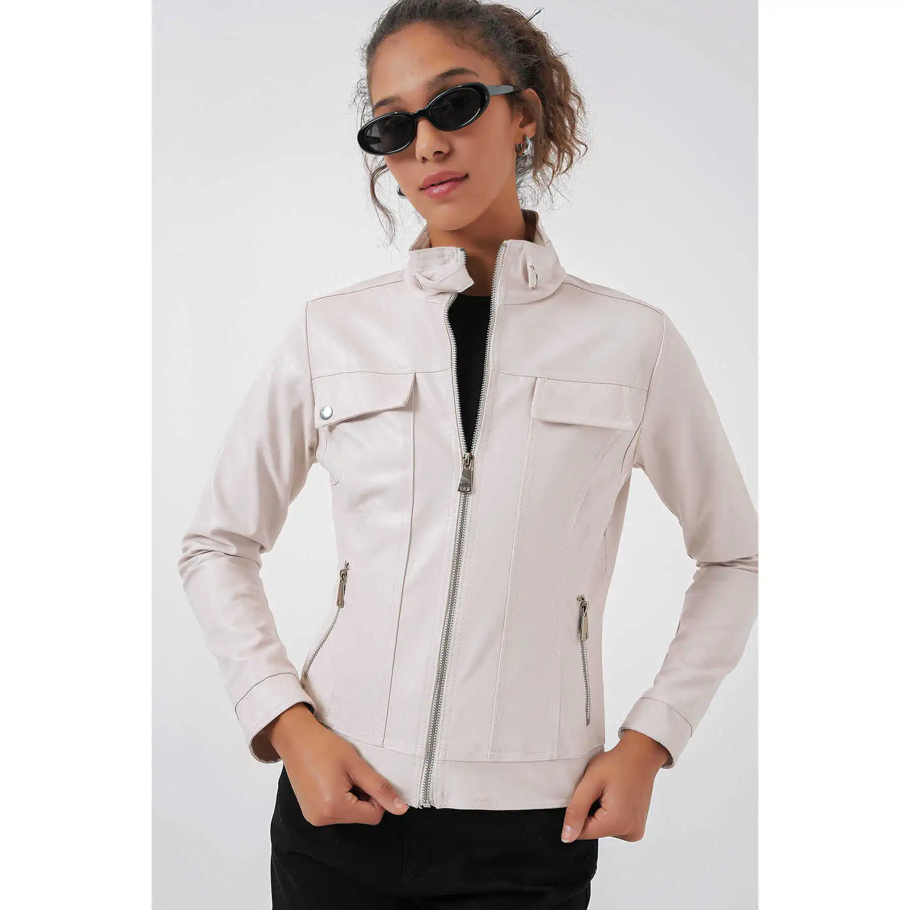 1024 High Neck Leather Jacket - Beige