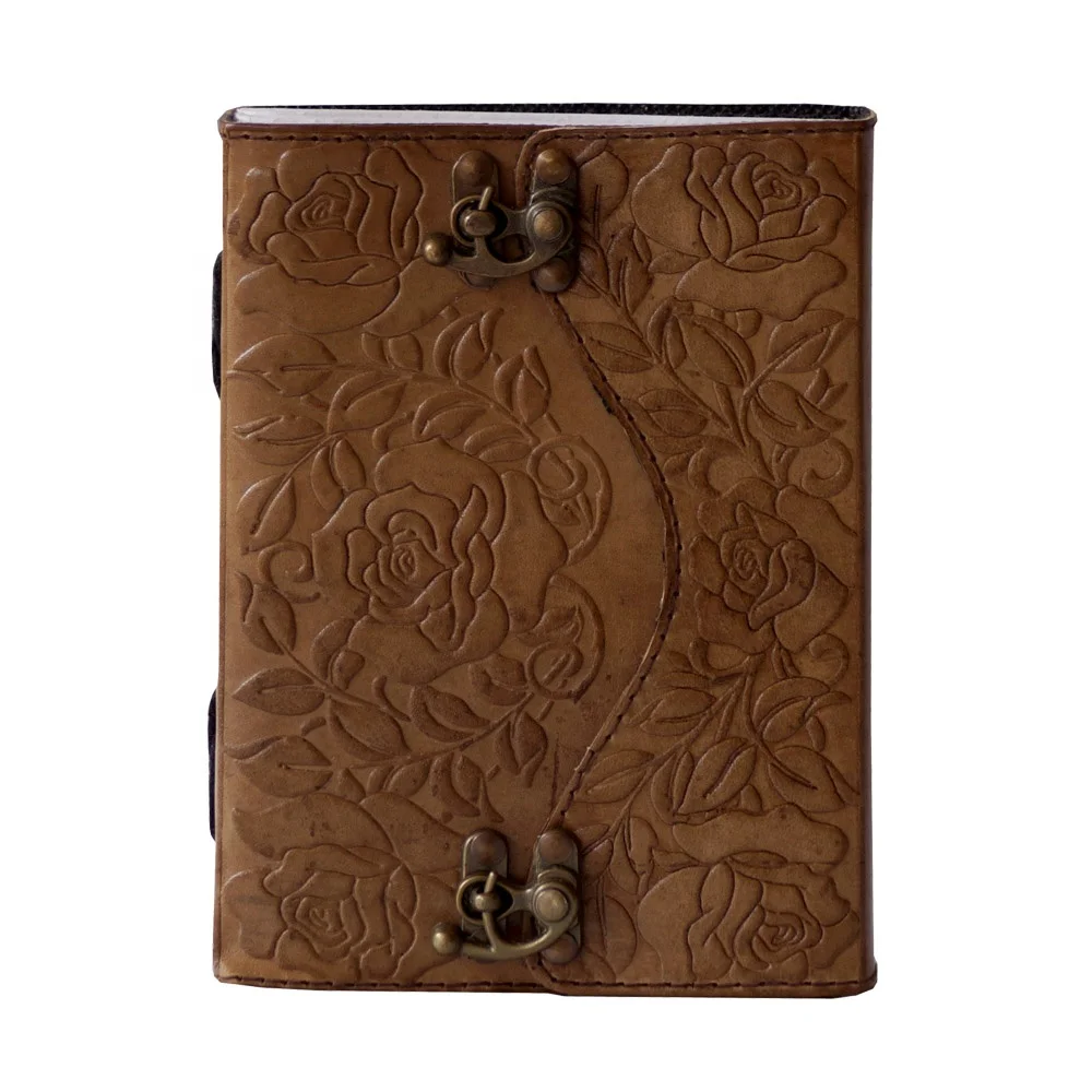 Handmade Embossed Vintage Color Rose And Leaf Design Double C-Lock Notebook & Sketchbook Leather Journal