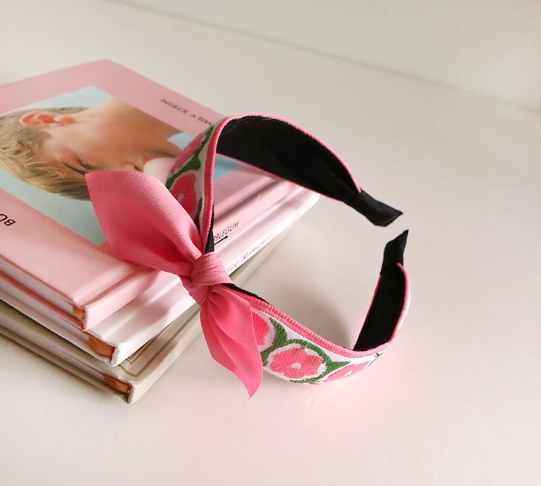 Girls Cute Embroidered Camellia Flower Ribbon Headband Korea fashion hair accessory