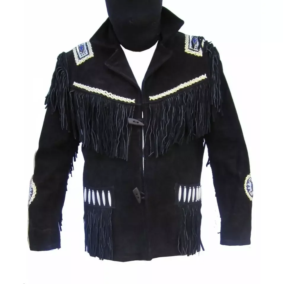 High Top Quality Fringed & Beaded Original Cow Suede Leather Western Style Men Cheap Cowboy Leather Jacket