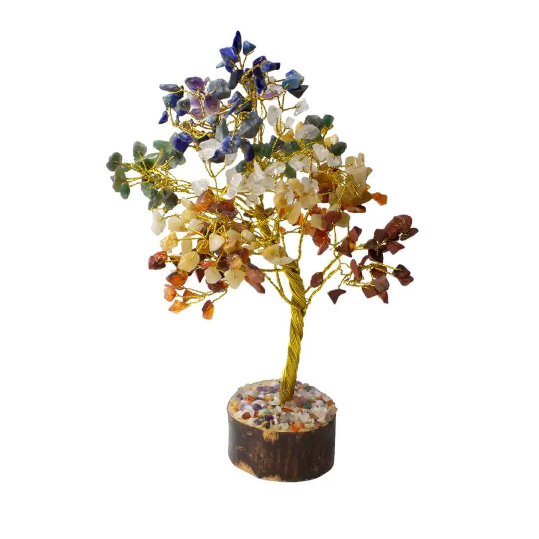 Seven Chakra Tree Gemstones Wealth Good Luck Feng-Shui Reiki Healing Bonsai with Golden Wire Home Decor