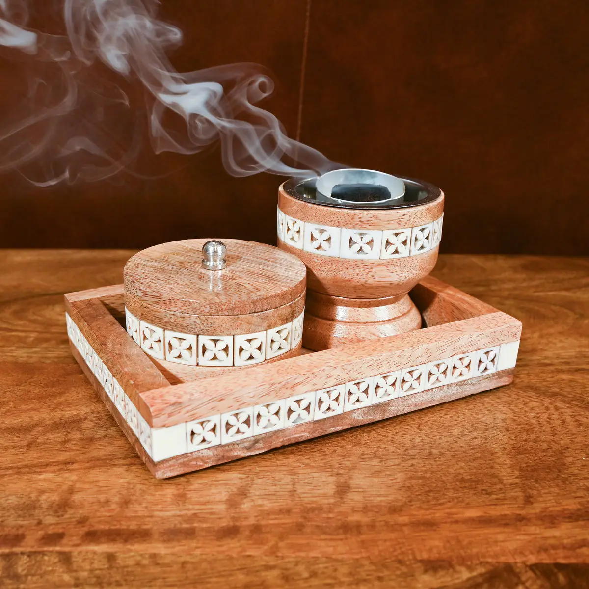 Unique Candle Jar Premium Quality Wood and Mother of Pearl Mubkhar Set Bone Inlay Box Burner Incense Bakhoor Gifts