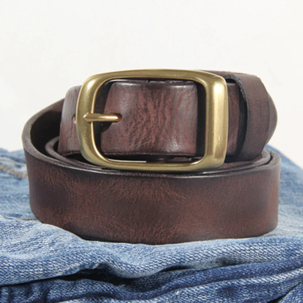 Men Retro Cowhide Leather Brass Pin Buckle Metal Belt Top Quality Solid Pure Cow Skin Belts Men 3.3cm Width