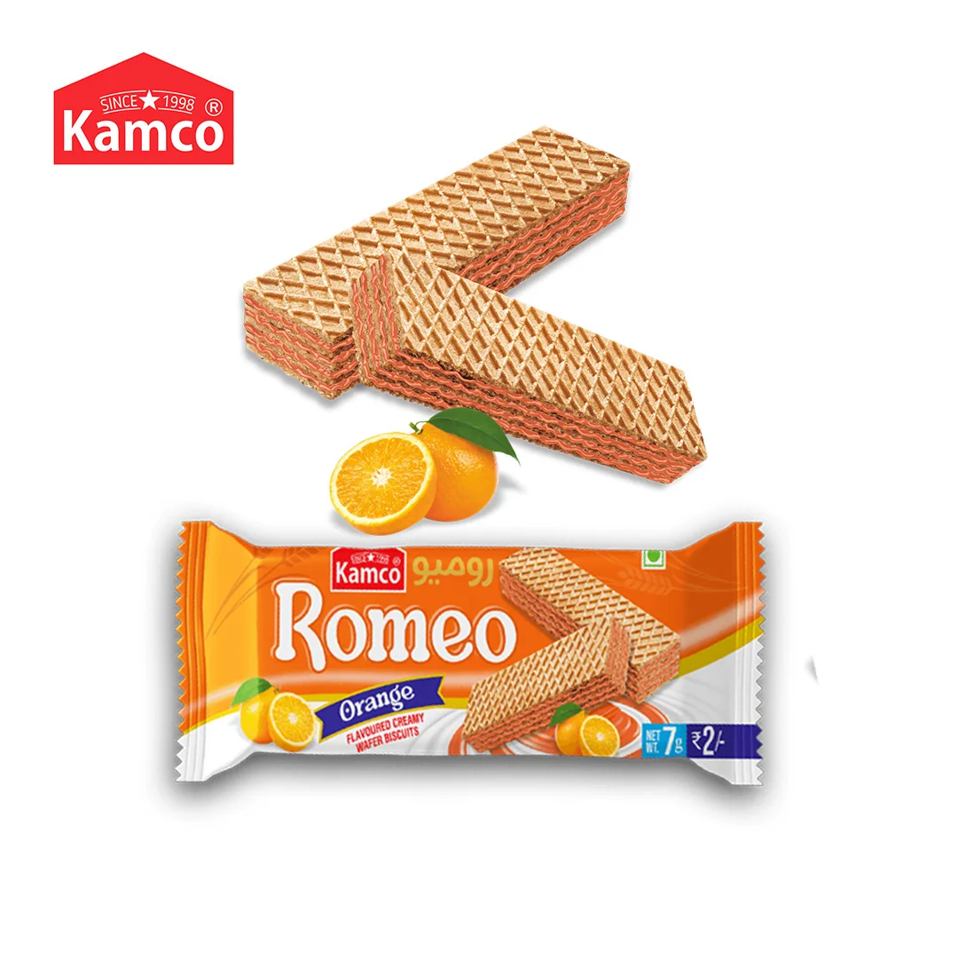 Export Quality and Best in Taste Kamco Romeo Orange Flavour Creamy Wafer Biscuit Container Packaging