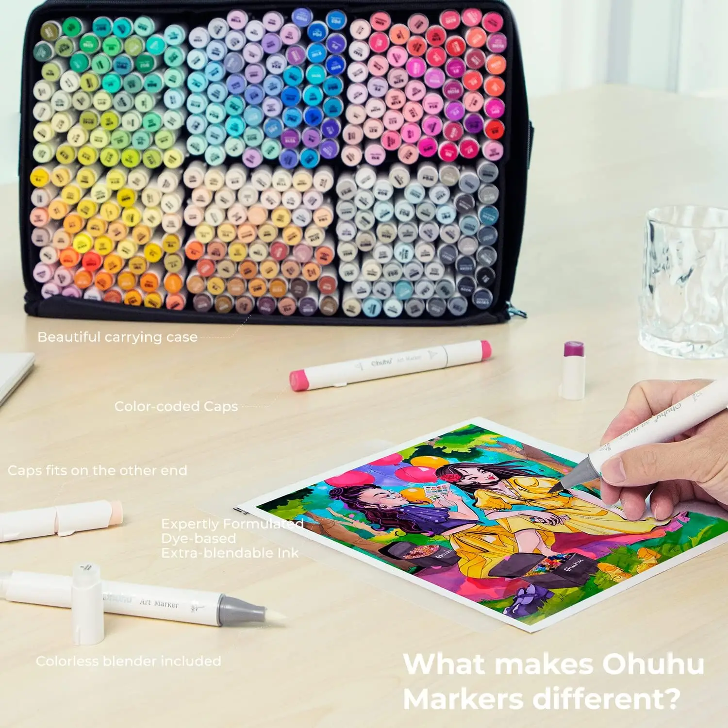 Ohuhu Alcohol Markers Brush Tip - 320-color Double Tipped Art Sketch Marker Set for Artists Adults Coloring Illustration