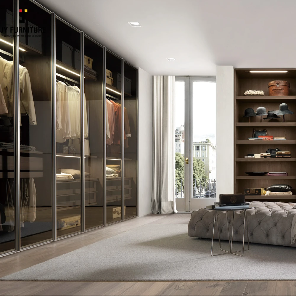 JY Hardwood Modern Style Modular Soft Close Wardrobe Closet Glass Door Plywood Wardrobes Bedroom Furniture