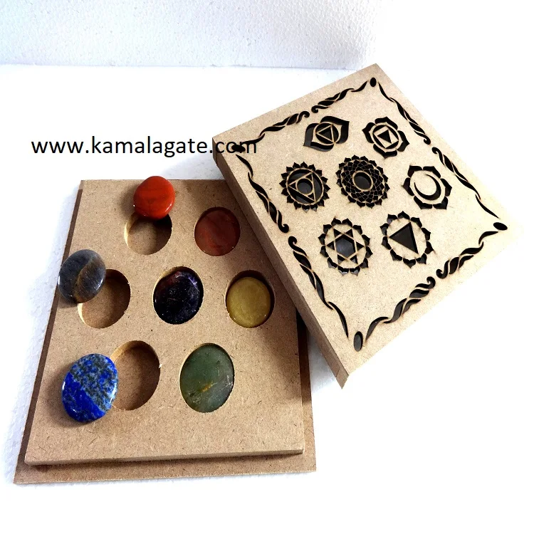 Natural Crystal Quartz Polished Round shaped stone with Chakra engraved Set with Chakra Symbol Box