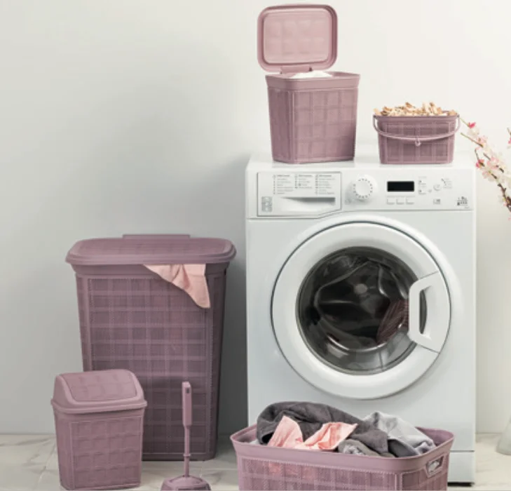 Jute Bath Set 6-Piece with Laundry Hamper Trash Bin Toilet Brush and Storage Baskets Durable Plastic Home Bathroom Organization