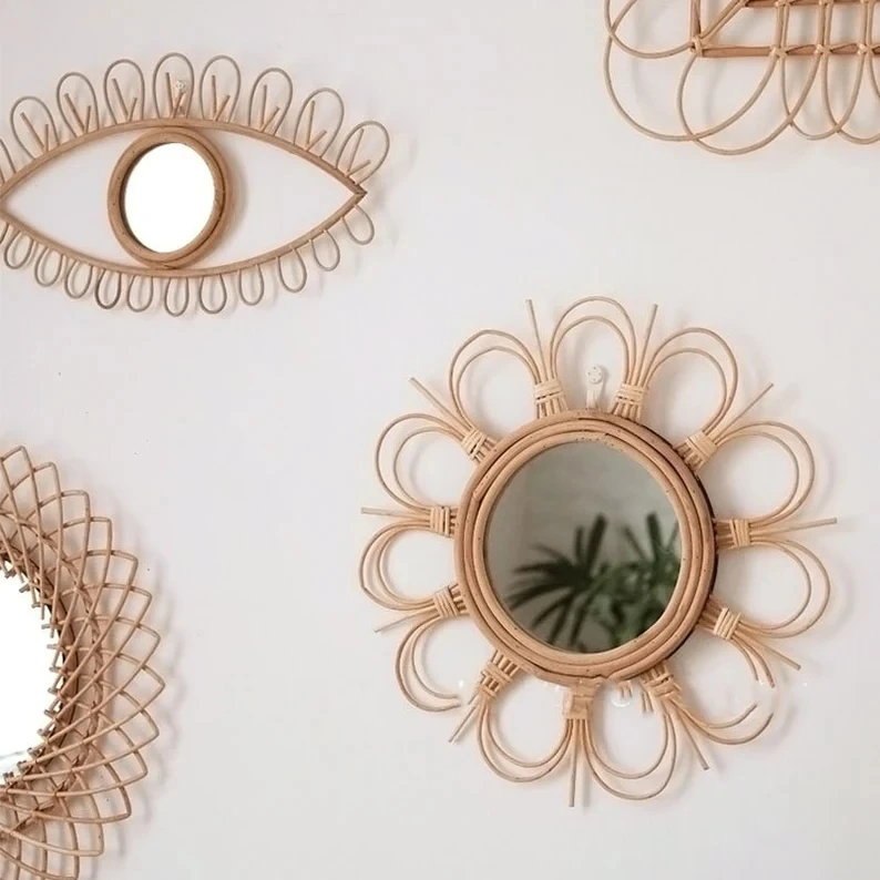 Elegant Rattan Mirror Frame With Intricate Weaving For Hallway Accent