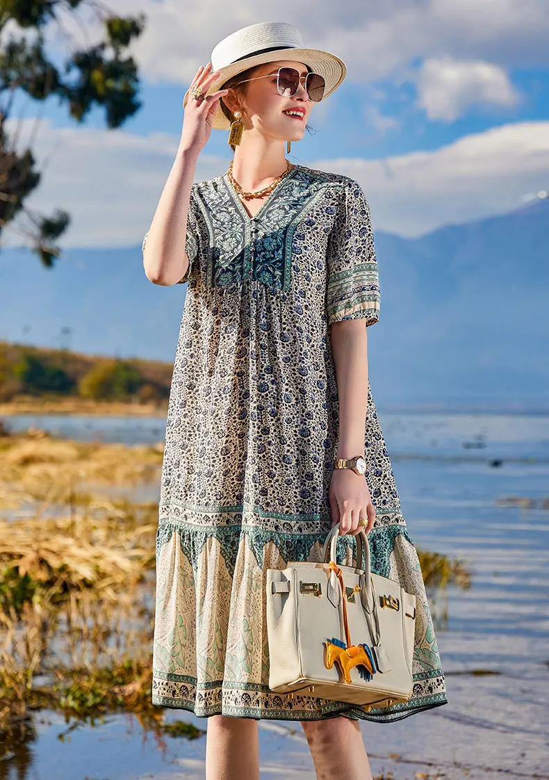 Wholesale bestseller floral blue dress for elegant lady