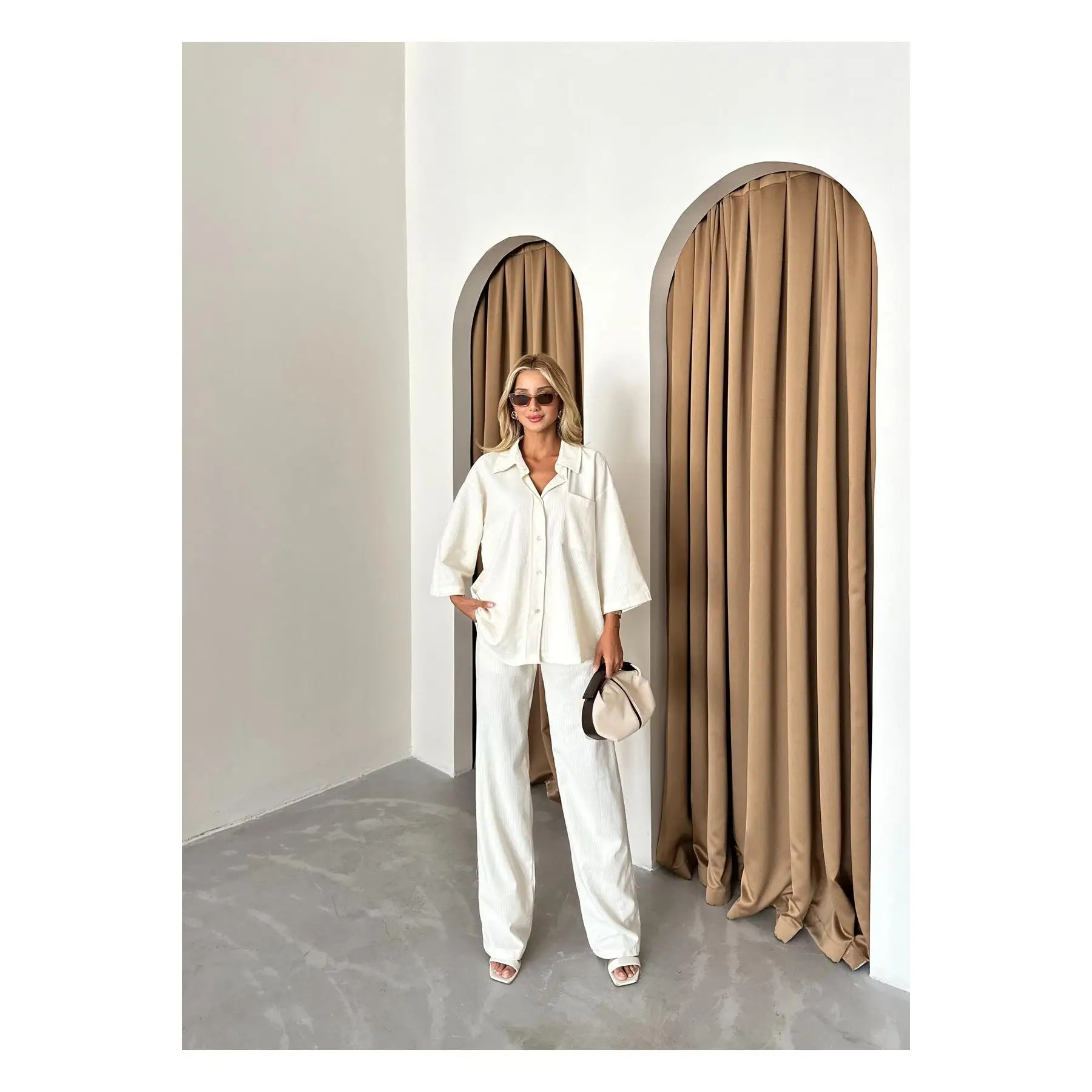 Ecru 100% Cotton Self-Striped Poor Sleeve Shirt Trousers Set