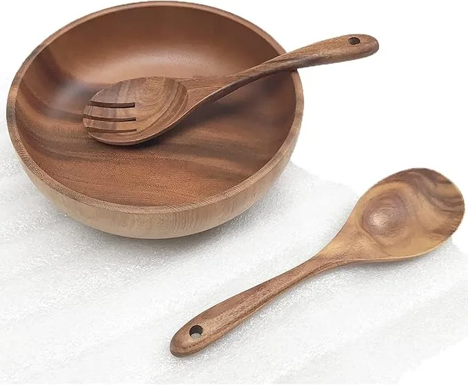 Acacia Wood Salad Bowl Set with Steel and Glass Fork and Spoon for Party Serving and Mixing Fruits Salads Cereal and Pasta