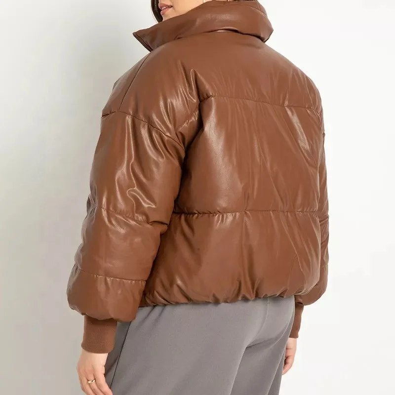 2022 Oem Puff Oversized Pu Brown Cropped Down Padded Faux Wholesale Leather Custom Logo Bubble Plus Size Puffer Jacket Women
