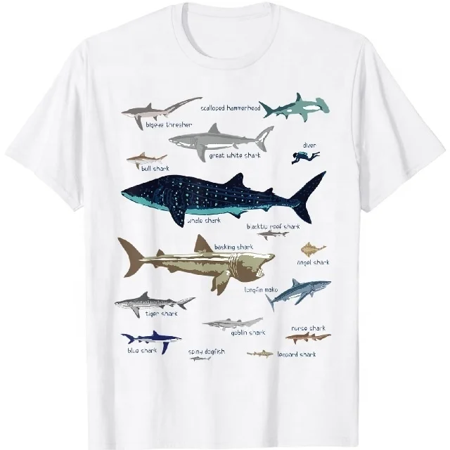 Trending Attractive Pure Cotton Knitted Customizable Shark Printed Short Sleeve Crew Neck White Colour Sustainable Mens Tees