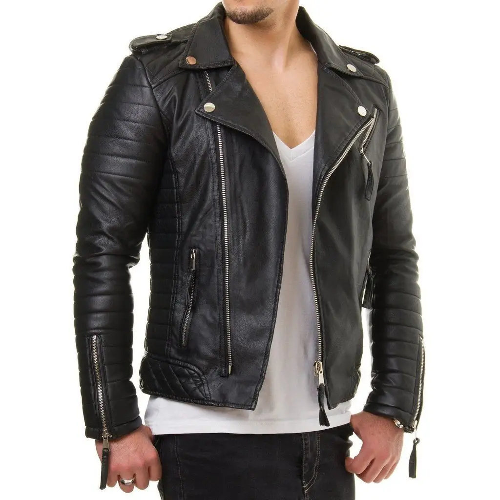 OEM high quality hot sale casual outdoor slim fit stylish pu biker black custom motorcycle leather jacket for men