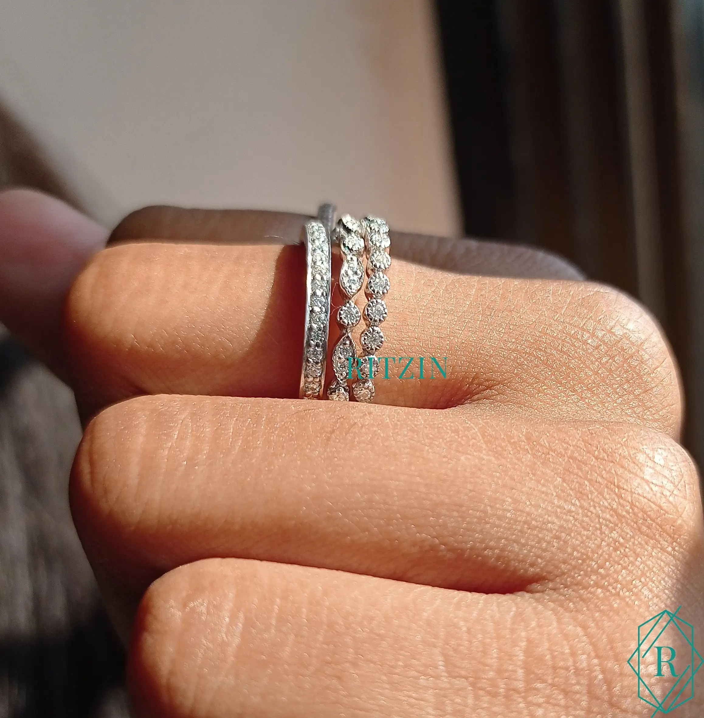 Round Cut Moissanite Diamond Three Set Layer Ring, Art Deco Engagement Ring