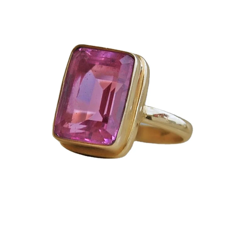 Latest Arrival Pink Hydro Quartz Octagon Faceted Gemstone Ring 15 mm In Size 925 Silver Gold Plated Bezel Set Ring Gift For Boy