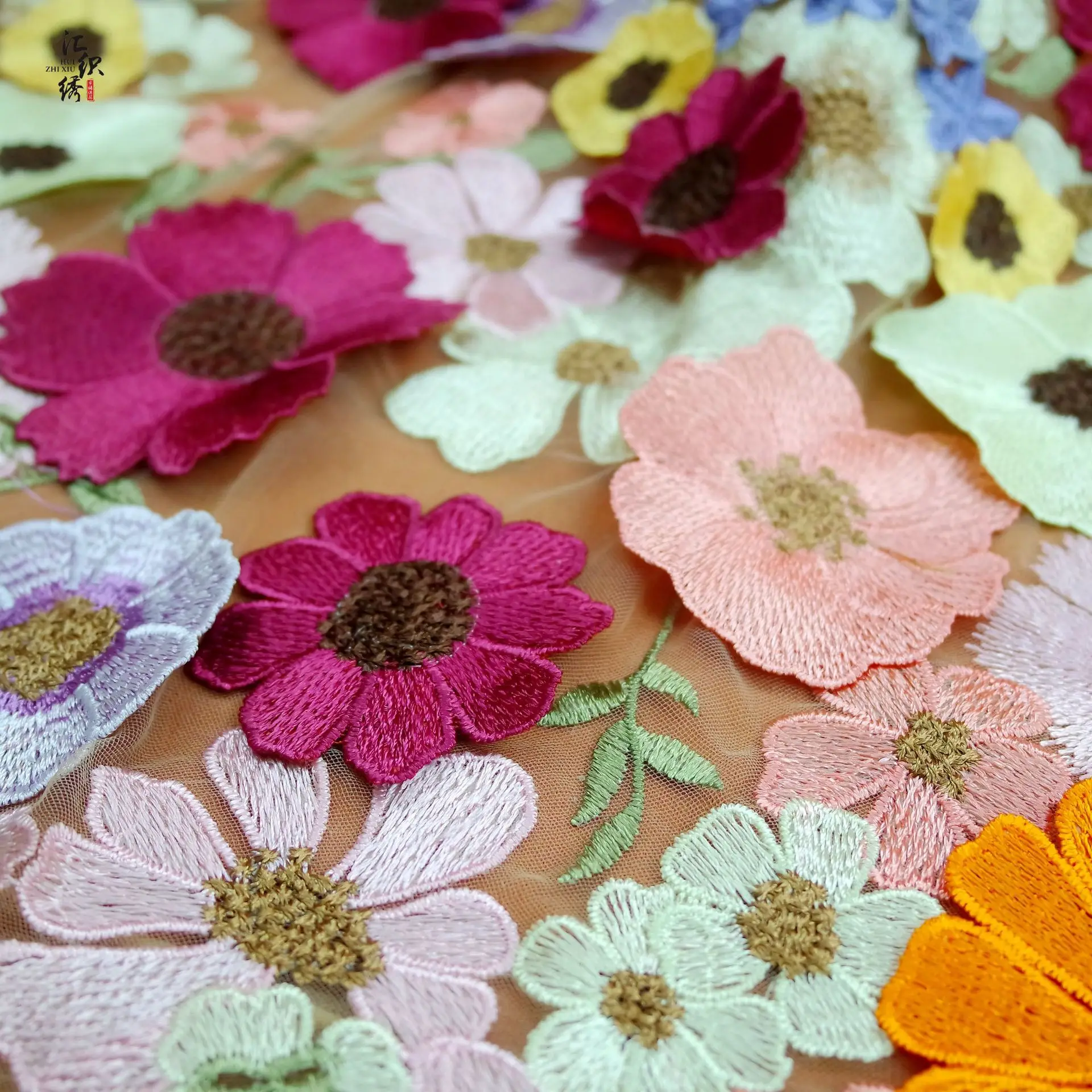 Bridal Fabric for Wedding Dress, 3D Flower French Tulle Lace Applique/African Embroidery Cotton Embroidered fabric