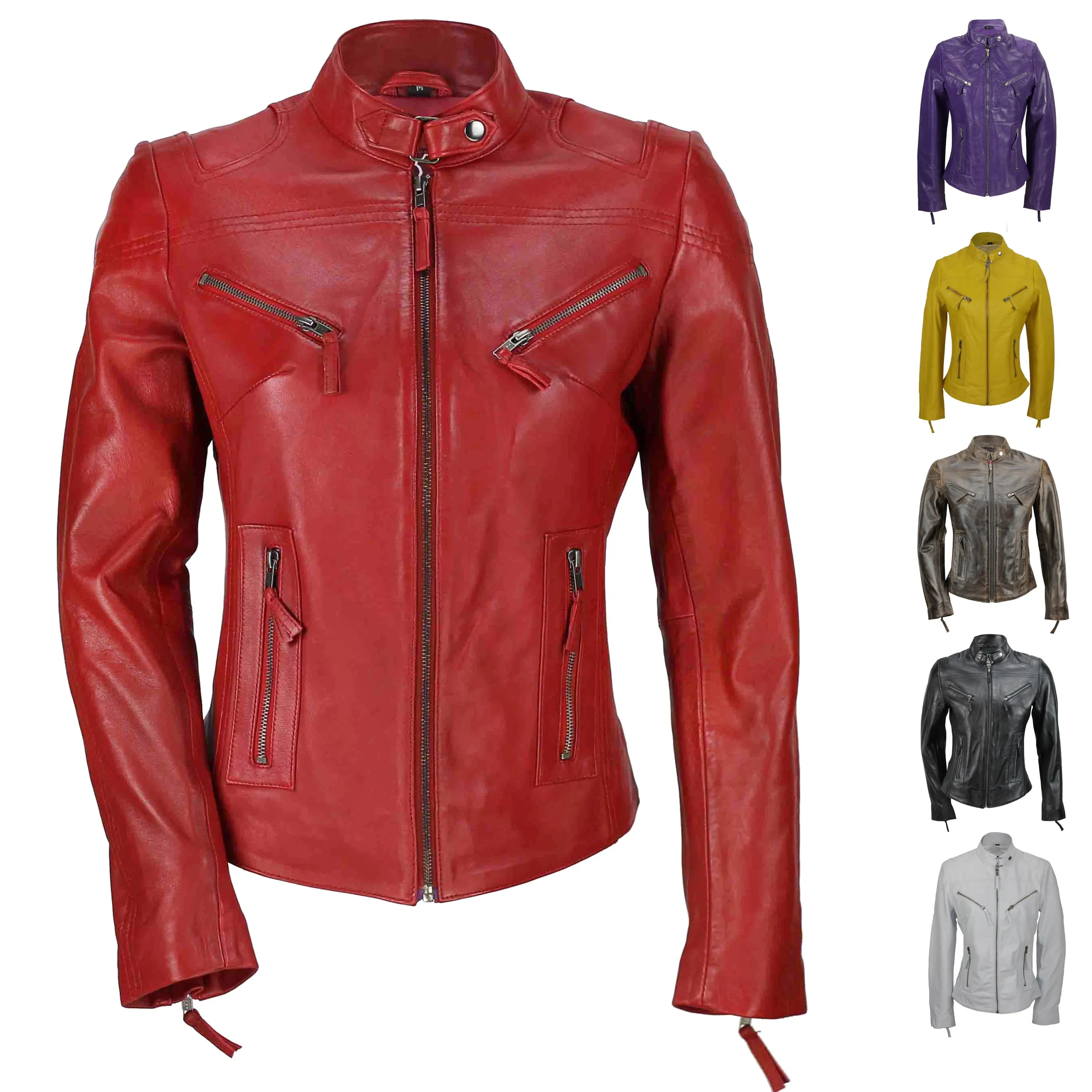 High Quality Genuine Leather Ladies Trendy Long Coat with Fur Look Multiple Pockets Zipper Women Jackets