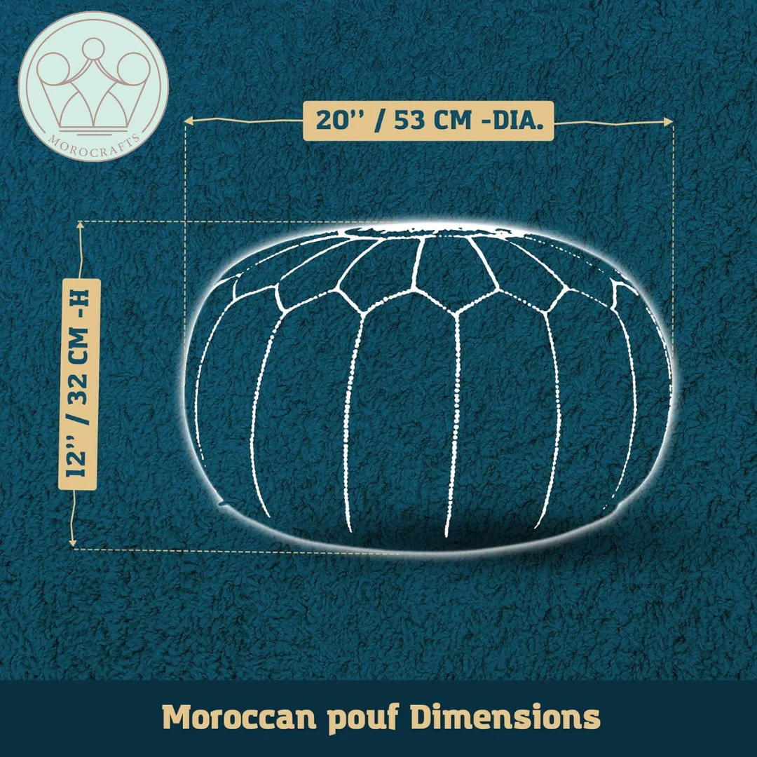 Morocco Craft Blue Genuine Leather Unstuffed Round Pouf - Ottoman Footrest, Footstool - Bohemian chic