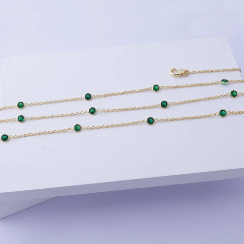 New fashion tiny green emerald quartz round stone necklace gold plated bezel set multi station double layer cable chain  jewelry