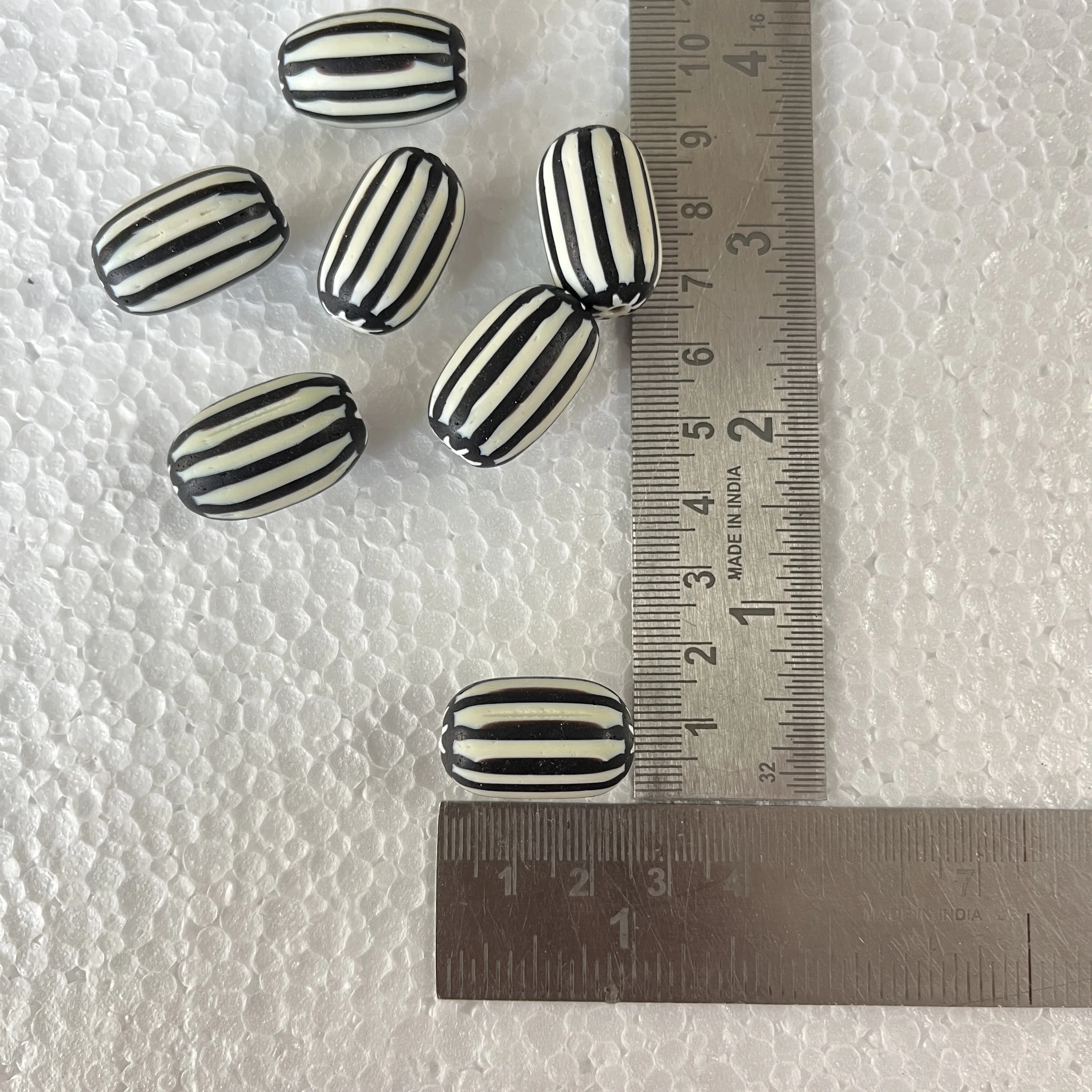 custom made glass striped chevron beads with blue & red coloured stripes idea for resale by bead stores and jewelry designers