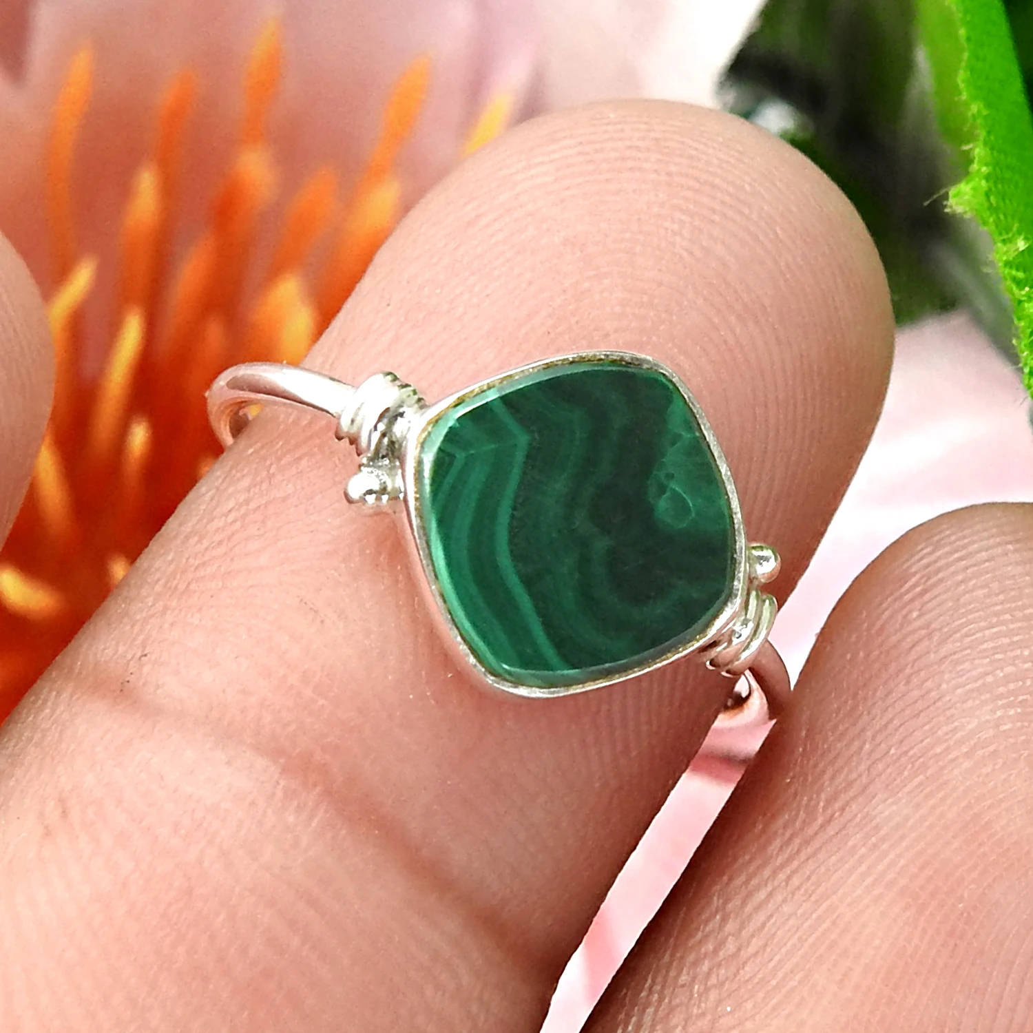 Natural Green Malachite Gemstone 925 Sterling Silver Cushion Shape Ring For Woman Girls Handmade Jewelry Wholesale Factory Price