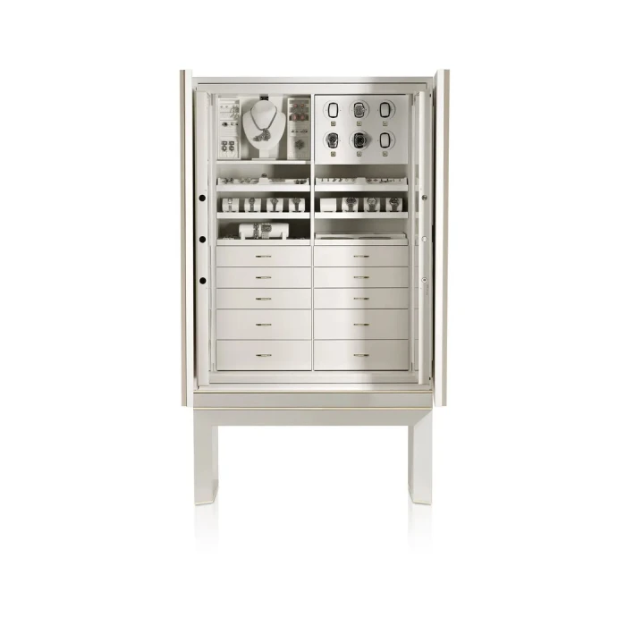 Armoured jewelry armoire in polished white birds eye maple and 24 karats gold hardware. Biometric opening device safe
