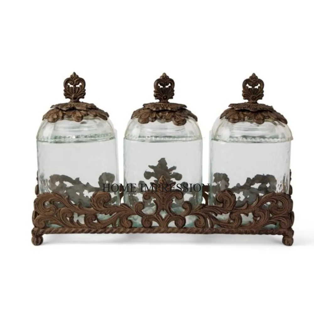 Vintage Art Collection Set of 3 Glass Made Jars With Wooden Top Unique Designer Lid and Frame for Storage Boxes Holder Supplies