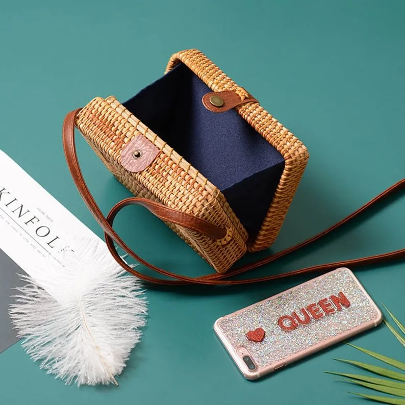 Сумка через плечо из ротанга женская сумка ручной работы плетеная вручную в стиле бохо натуральные кожаные ремни на