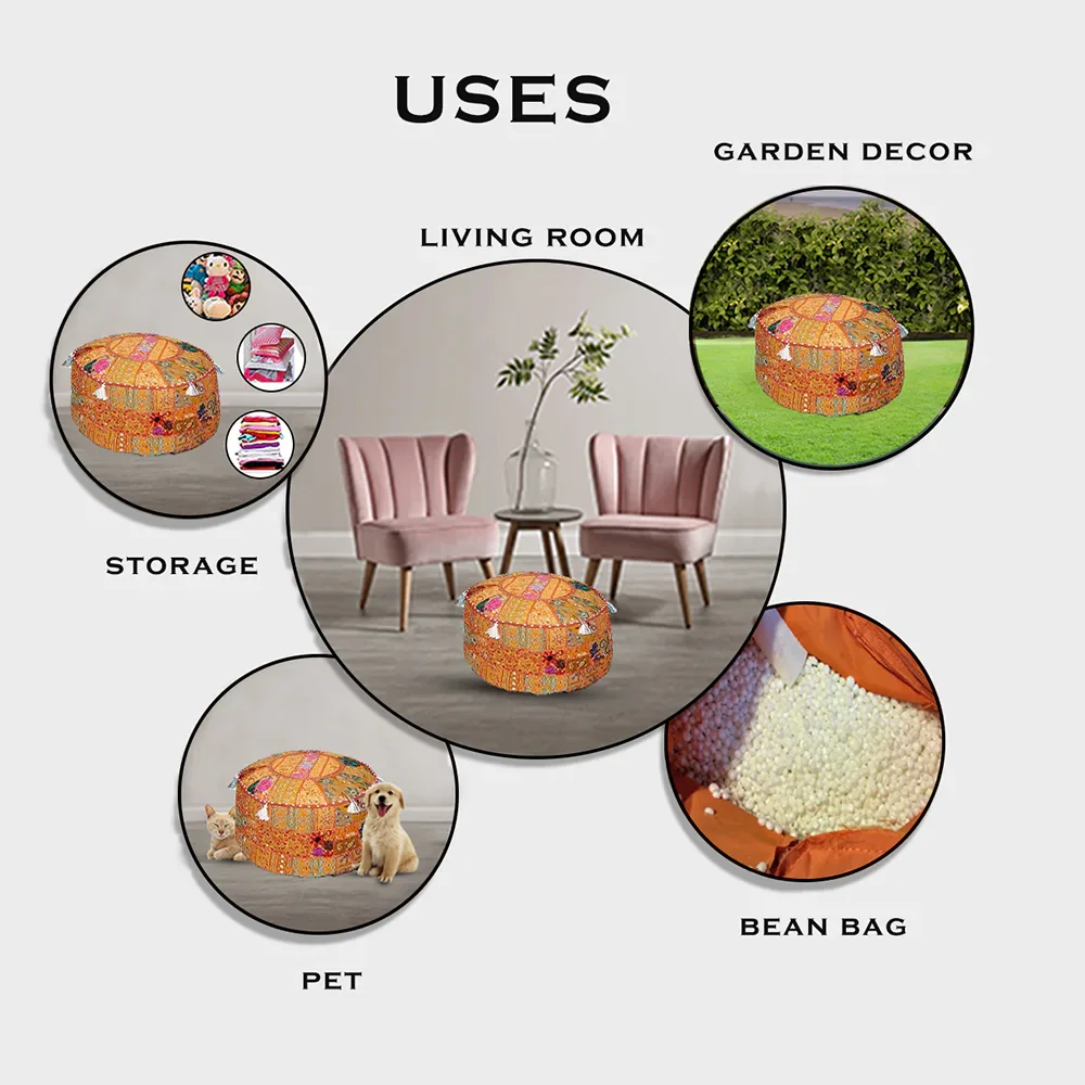 Export Quality Handmade Pouf Cover For Home Decor Pouffe Foot Stool Round Seating Ottoman From Indian Supplier